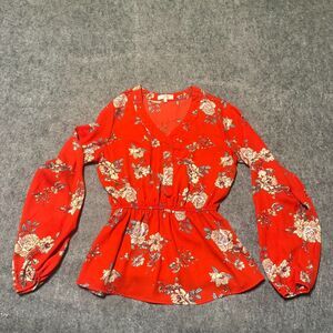 Stella Tweed Womens Blouse Shirt Size S Red Floral Boho Puff Sleeve